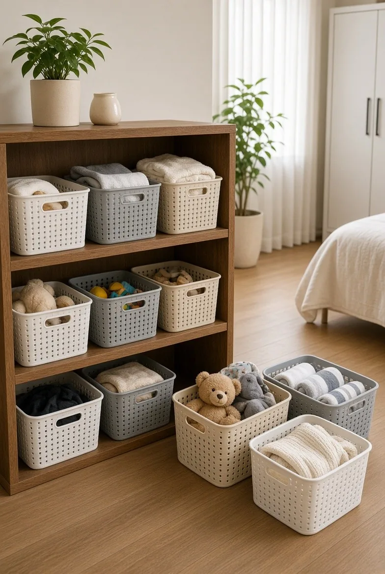 Wooden shelf unit filled with white plastic storage baskets in a bedroom